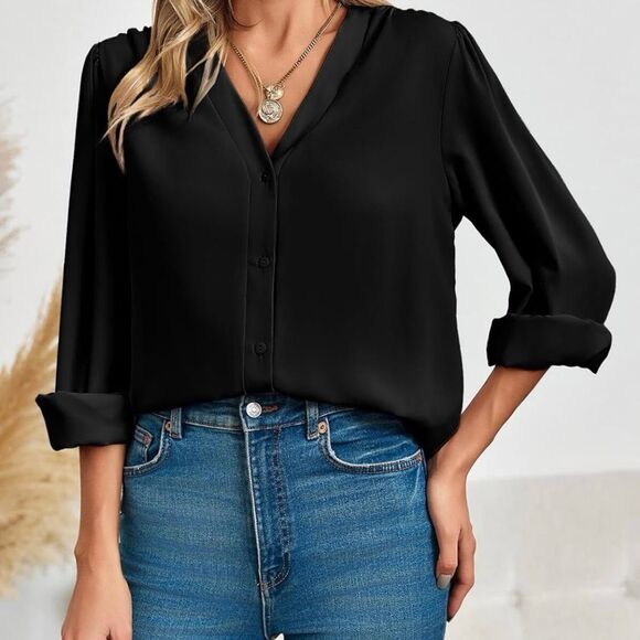 Women's Business Casual Long Sleeve Button Down Chiffon Blouse - Picture 4 of 5